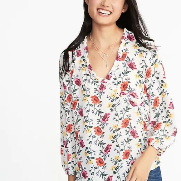 Ruffle-Trim Faux-Wrap Georgette Top for Women - Picture 3 of 5